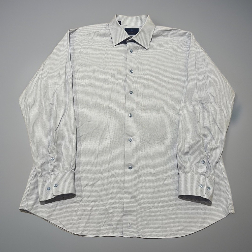 David Donahue Mens Ice Blue Classic Preppy Cotton Trim-Fit Dress Shirt 17.5